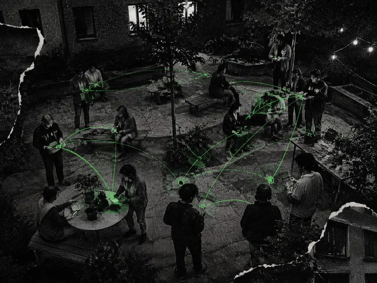 People with devices gather in a courtyard between dark windows, linked by green lines.