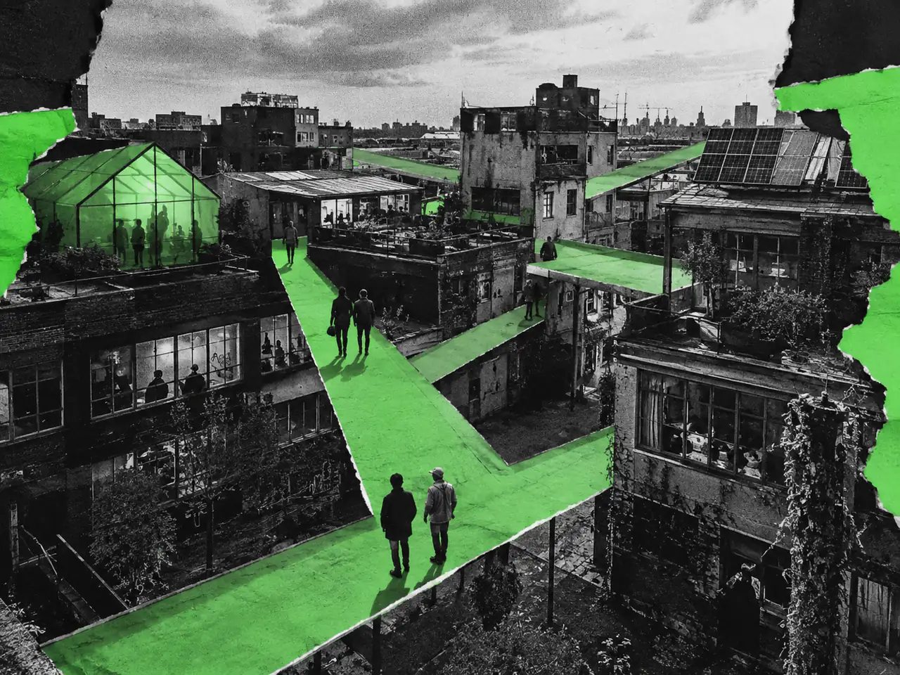 Green walkways with pedestrians connect rooftops of different urban buildings.