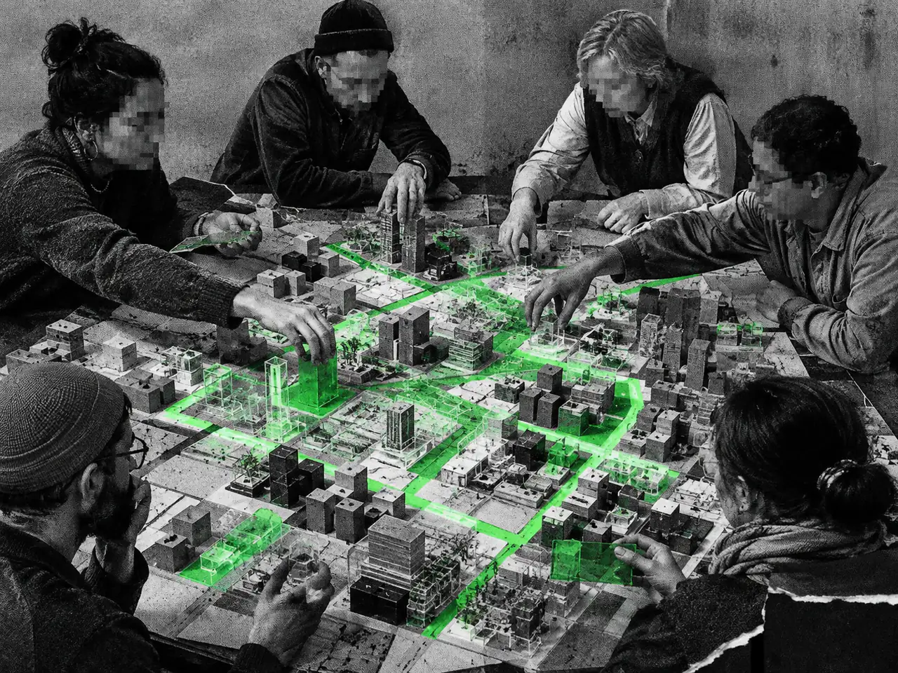 A group of adults with pixelated faces assembles a city model with green paths and transparent blocks.